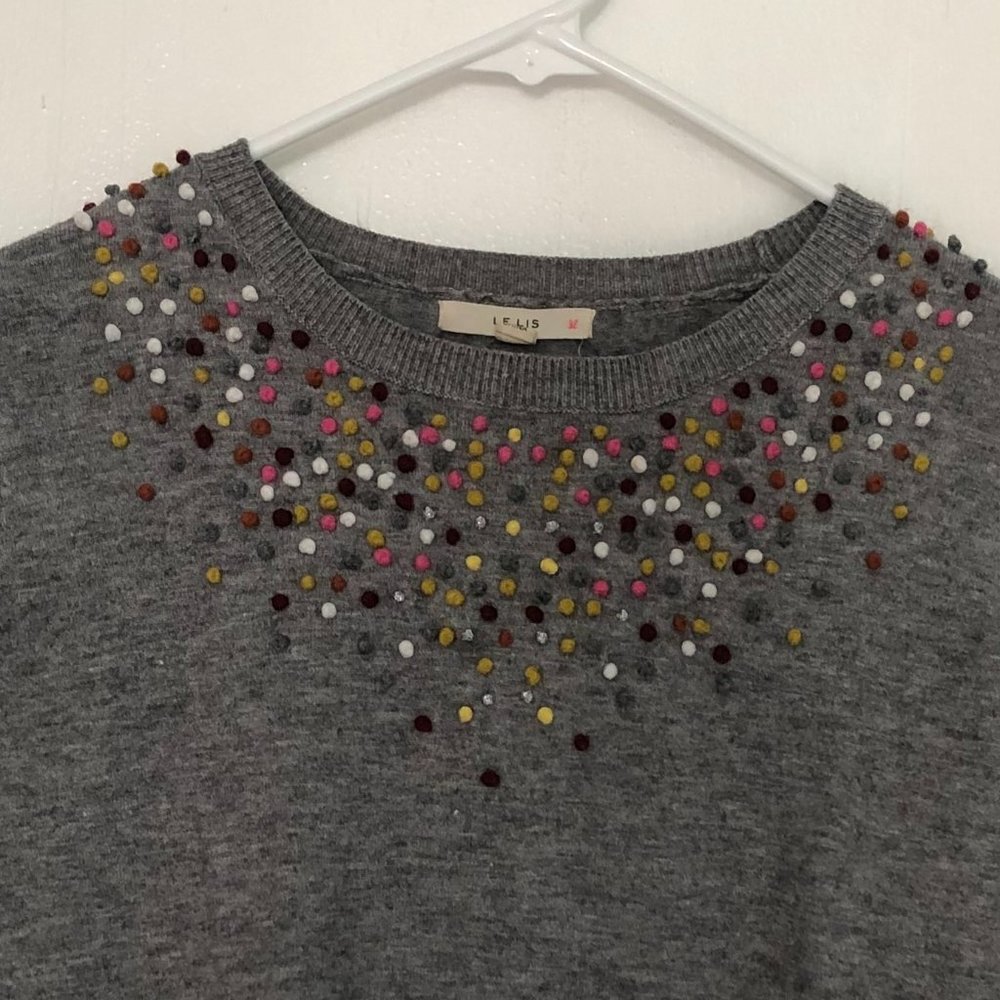 Festive Gray Sweater - Colored Pom Pom Detail - Womens Small